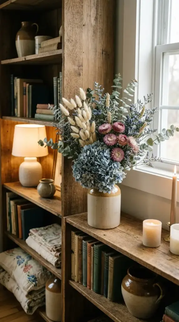 Dried hydrangea decor with preserved eucalyptus and wildflowers for long-lasting floral styling
