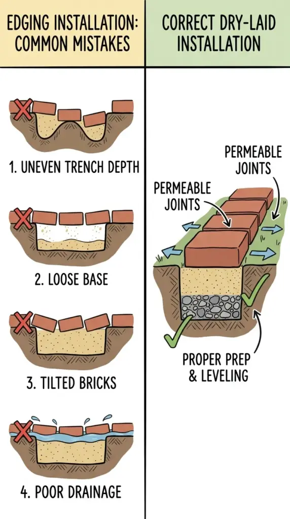 Common DIY brick edging mistakes like poor compaction, shallow trenching, and uneven brick placement
