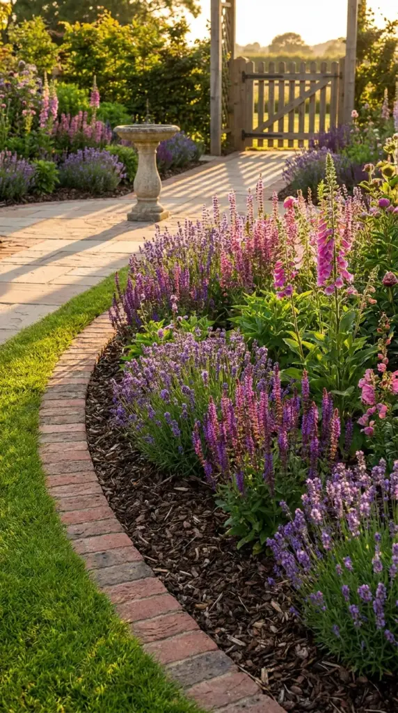 Intentional brick garden border design with mulch, perennials, and polished curb appeal for a cohesive landscape