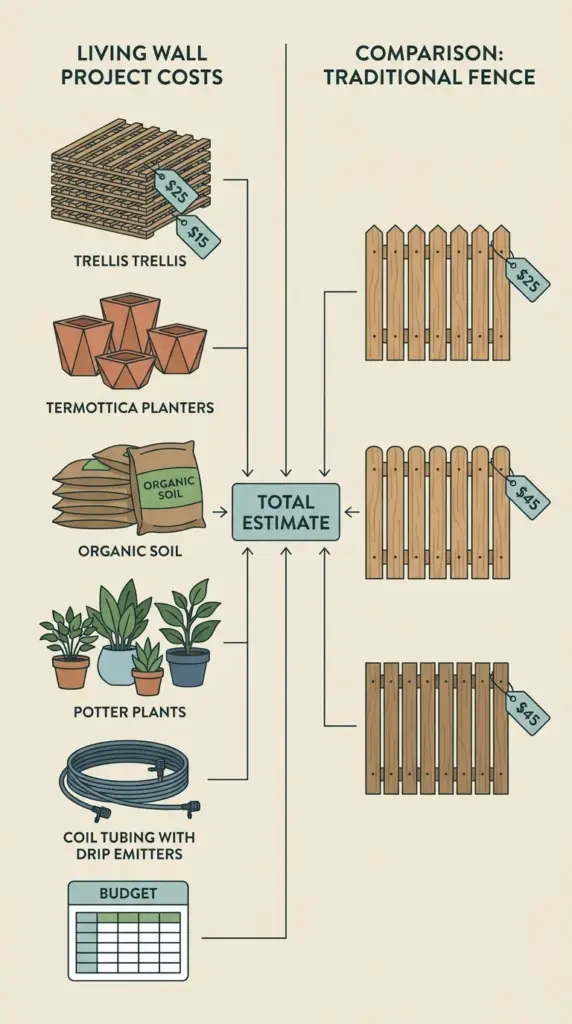 Living wall fence cost comparison with traditional fencing, planters, plants, and irrigation materials