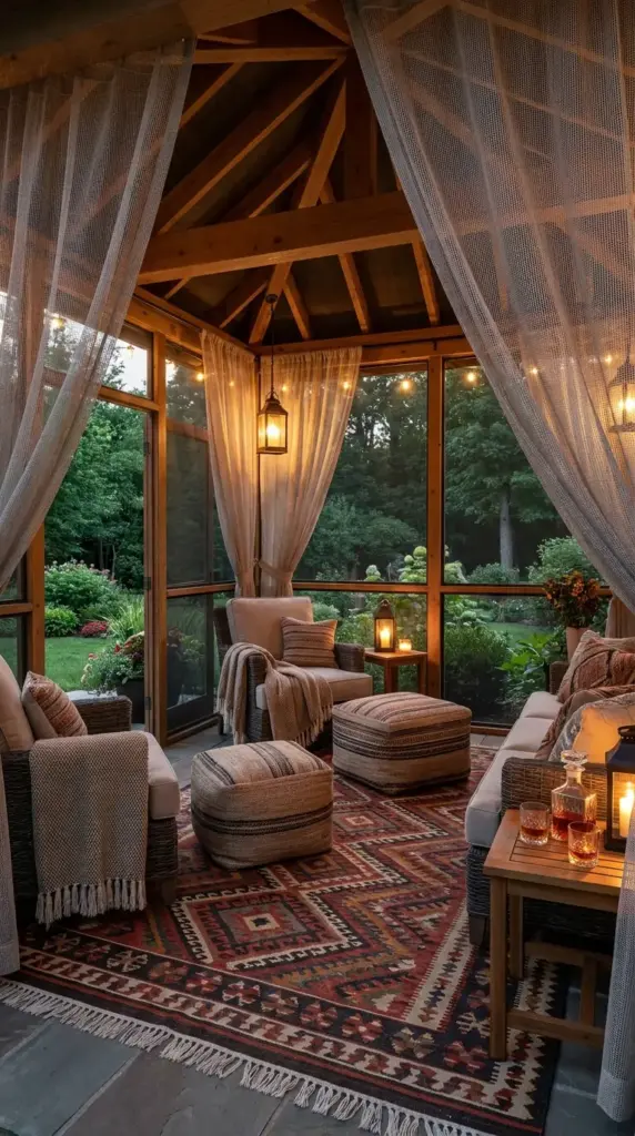 Screened gazebo retreat with mesh curtains for mosquito protection at an outdoor wedding or backyard party