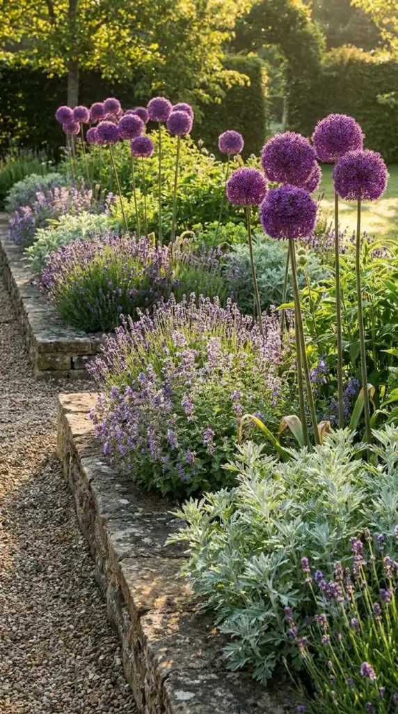 Ornamental allium mosquito repellent plant bringing structure to a garden border