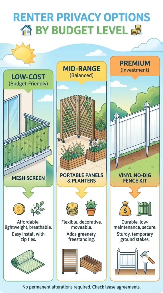 budget breakdown of temporary privacy fence options for renters from cheap screens to premium no dig kits