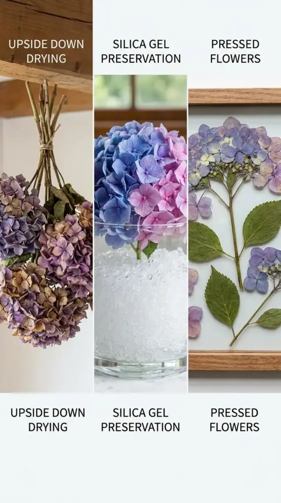 Hydrangea preservation comparison between upside down drying, silica gel, and pressed flowers