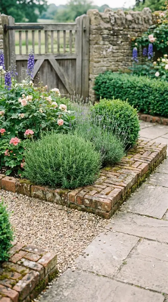 Basketweave brick accent edging in a historic English-style garden path detail
