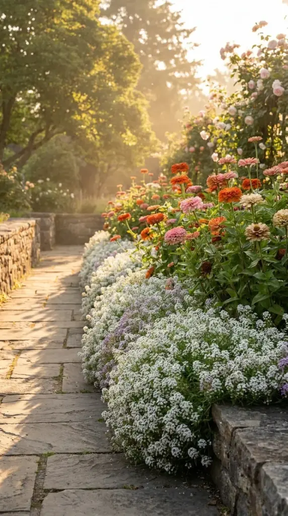 White sweet alyssum grown as companion plants to hide bare stems in a dense zinnia bed.