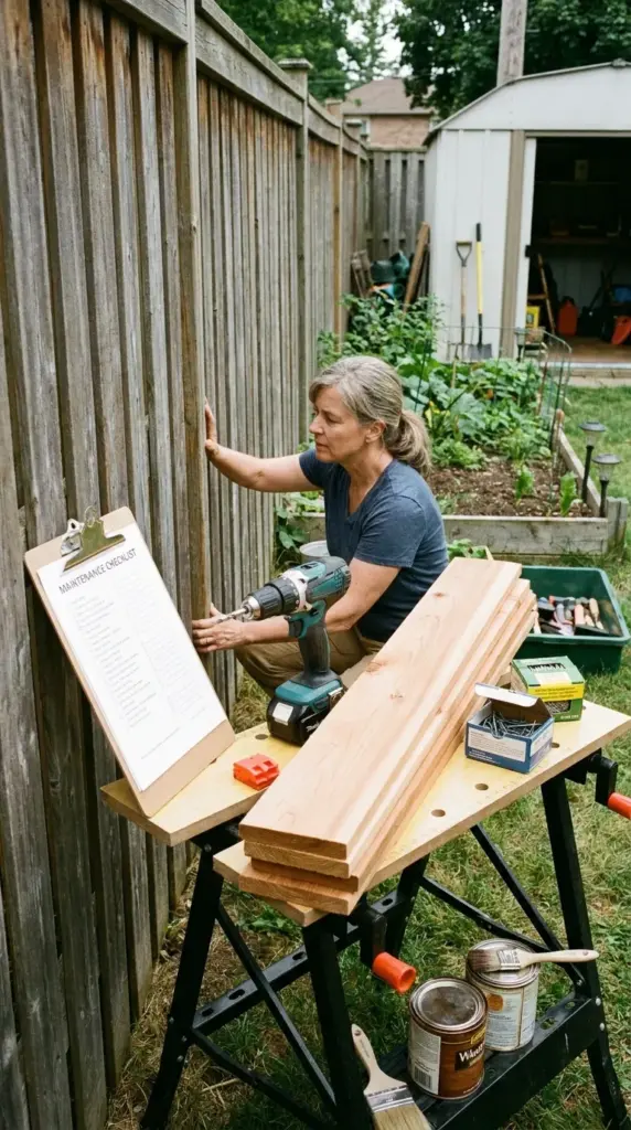 Shadowbox fence maintenance checklist with tools, stain, and repair supplies for long-lasting durability