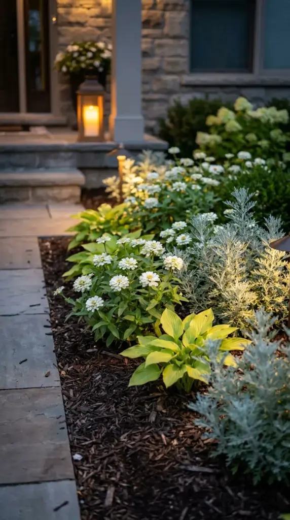 White and lime zinnia evening bed glowing at dusk in a stylish front yard landscape