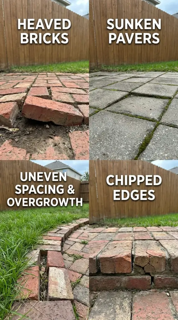 Brick edging mistakes to avoid including heaving, settling, uneven pavers, and grass creep