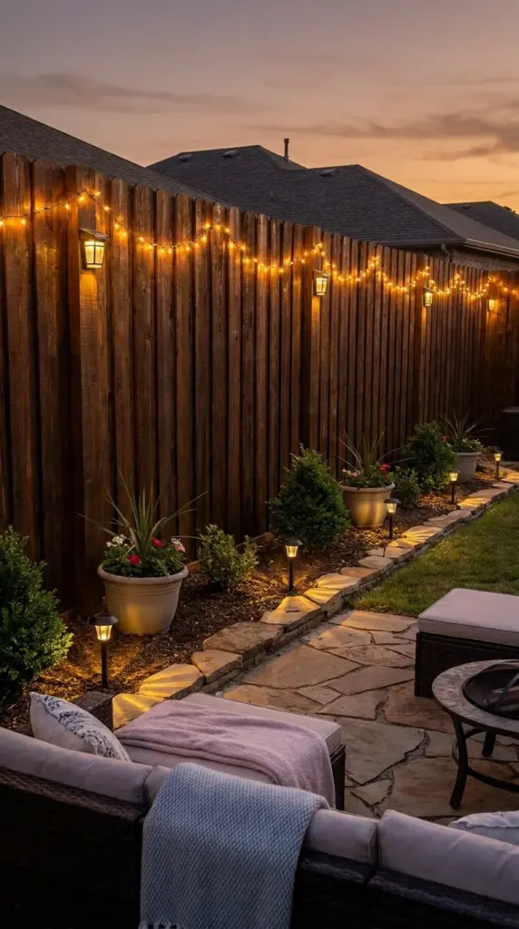 Stained and sealed reclaimed wood fence with lighting for weather-protected backyard privacy