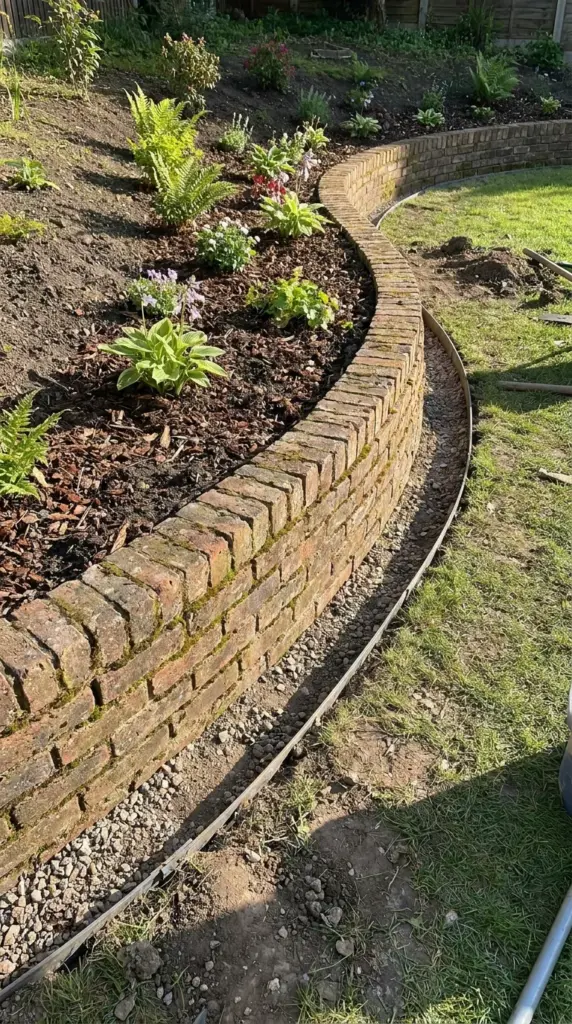 Raised brick border for slopes and trouble spots to contain mulch and stop grass spread