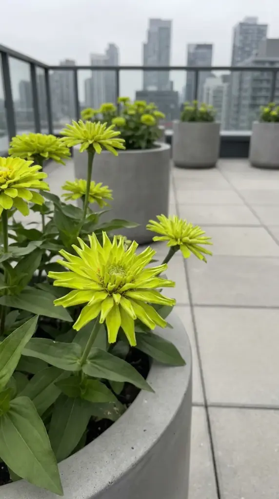 Modern monochromatic green Envy zinnias growing in a minimalist concrete patio planter.