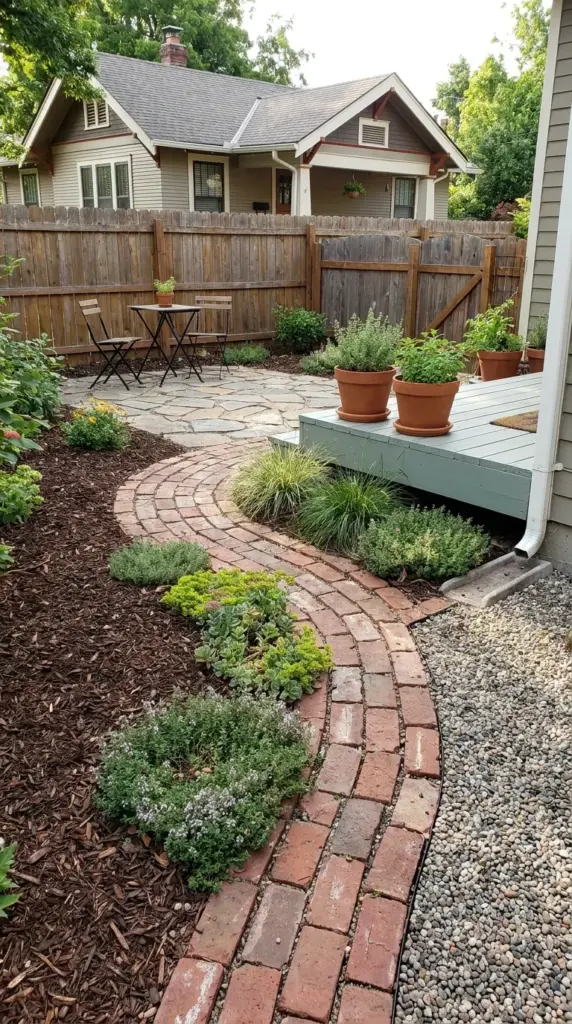 Budget-friendly curved brick edging with mulch gravel and custom garden design upgrades