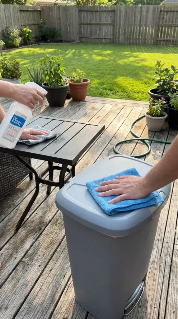 Rubbing alcohol surface spray for patio cleanup and reducing mosquito-friendly outdoor surfaces