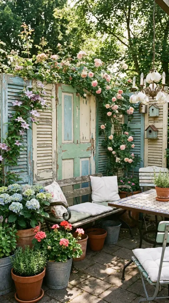 upcycled privacy divider made from old doors and shutters for a creative cheap garden privacy screen
