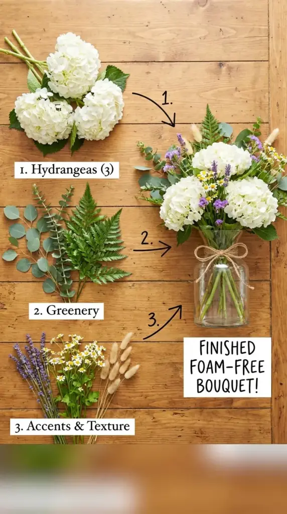 simple foam-free hydrangea bouquet formula for beginners