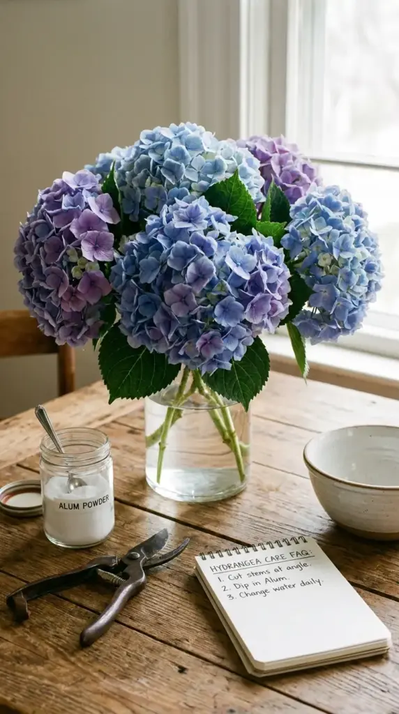 Hydrangea bouquet care questions about alum powder vase life and flower freshness