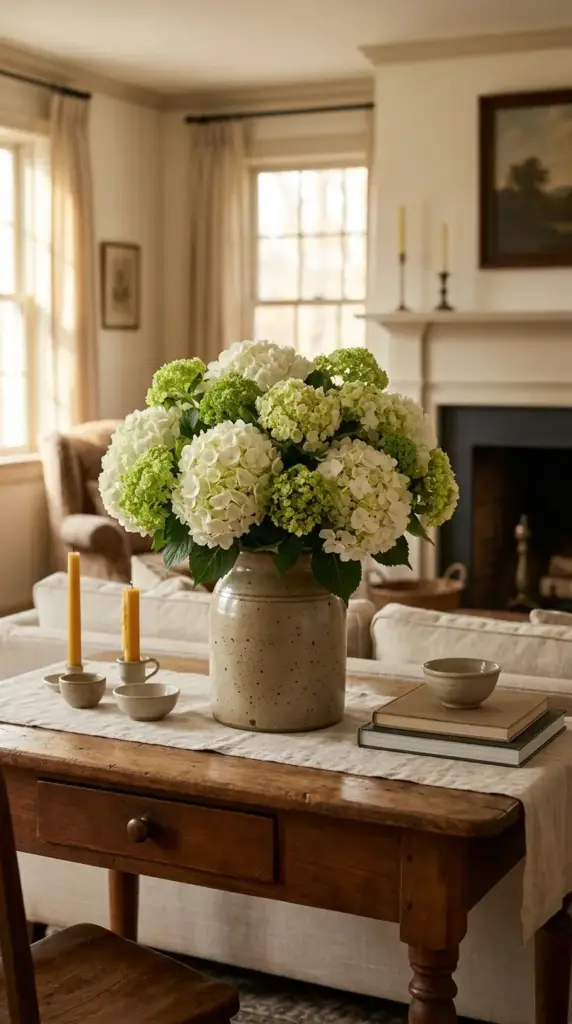 clear vase alternative for hydrangeas using stoneware crock for a long lasting elegant centerpiece