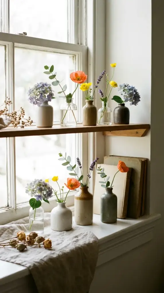 Bud-vase collection with hydrangea florets, eucalyptus, and wildflowers for small-space floral decor