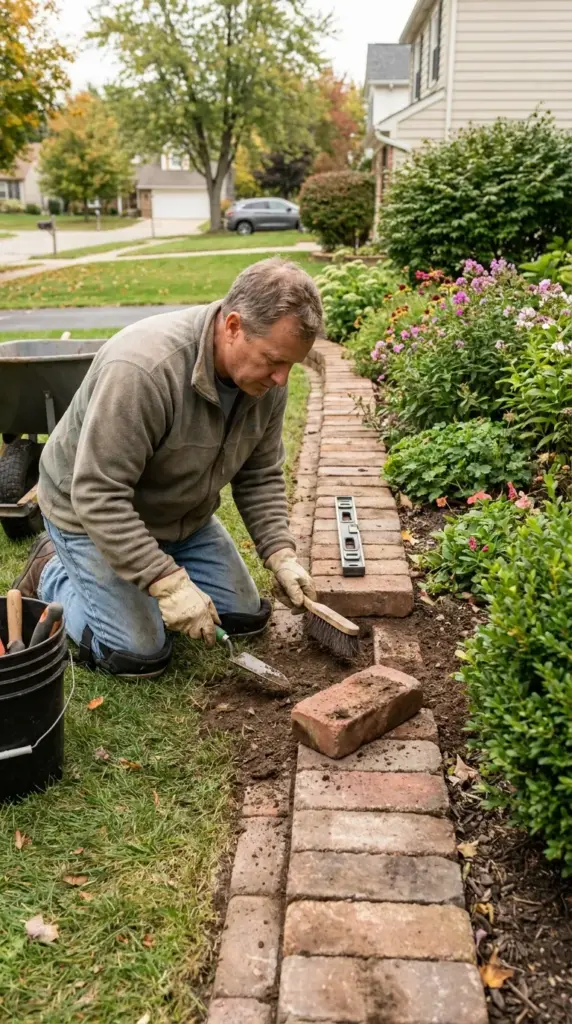 Seasonal maintenance for mortar-free brick lawn edging including cleaning and re-leveling bricks