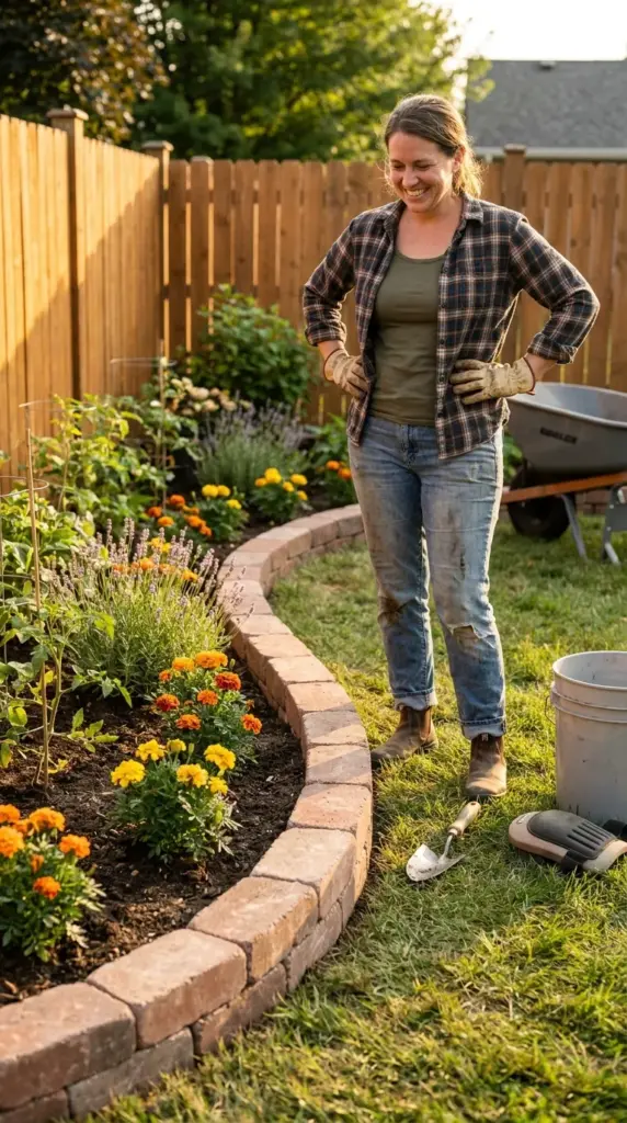 Beginner evaluating a finished brick garden border to decide if brick edging is the right first DIY landscaping project