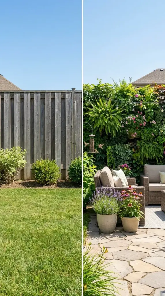 Living wall fence versus traditional fence for backyard privacy, garden style, and natural screening