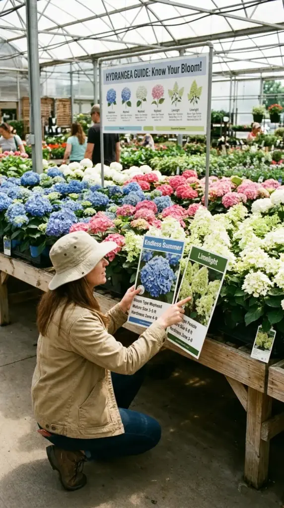 Hydrangea buying guide showing how to compare plant tags for mophead lacecap size and hardiness