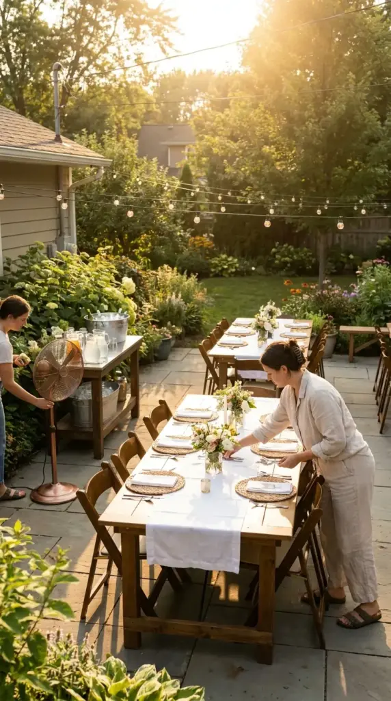 Backyard BBQ setup before dusk to avoid peak mosquito hours during outdoor entertaining