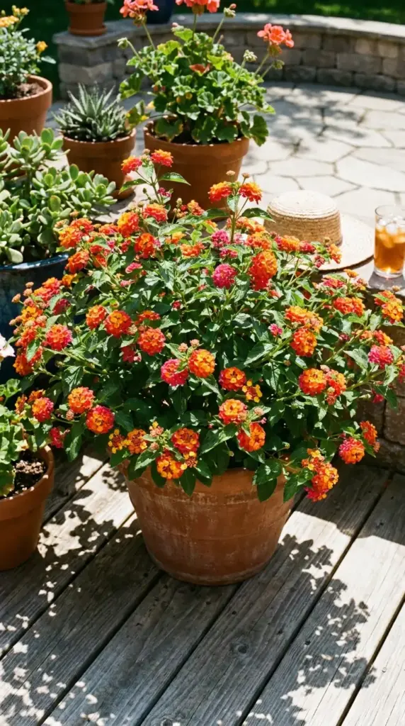 Lantana mosquito repellent plant blooming in a sunny patio container