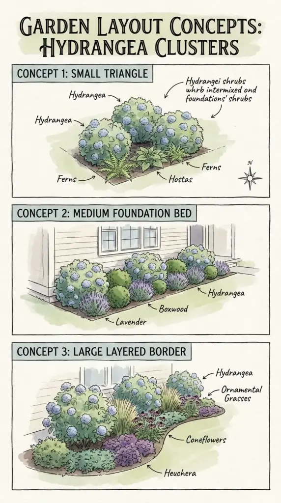 Simple hydrangea cluster layout ideas for small yards, foundation beds, and layered garden borders