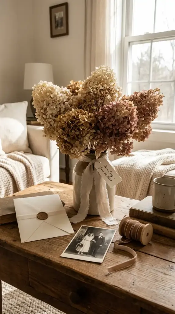 Hydrangea bouquet keepsake ritual with tags, photos, and sentimental memory details