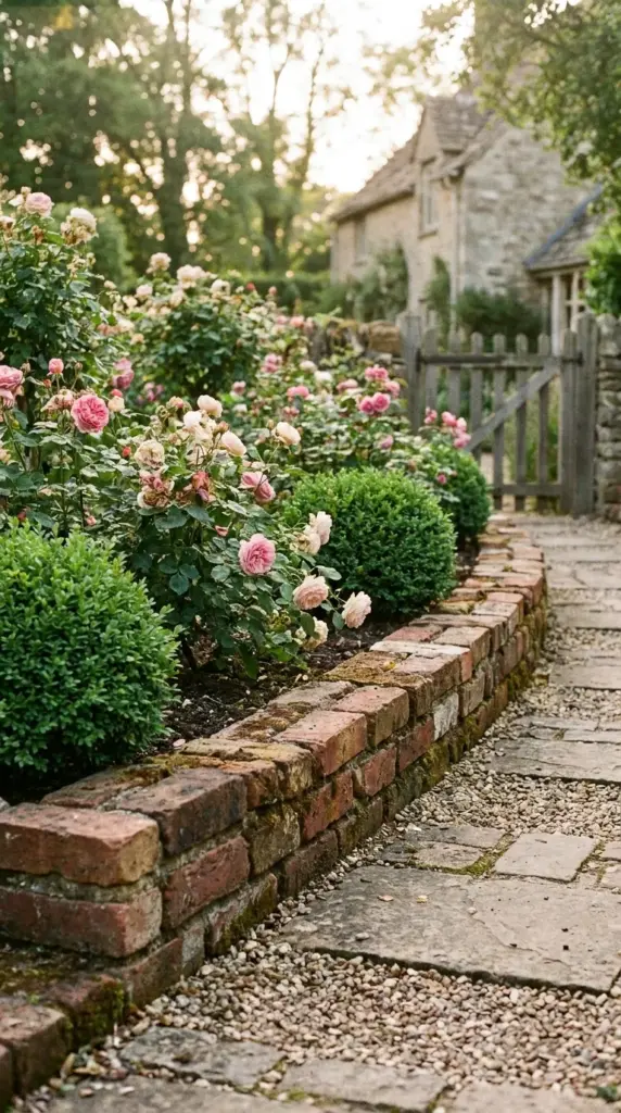 Reclaimed mixed-tone red brick edging in a cottage-style English garden border