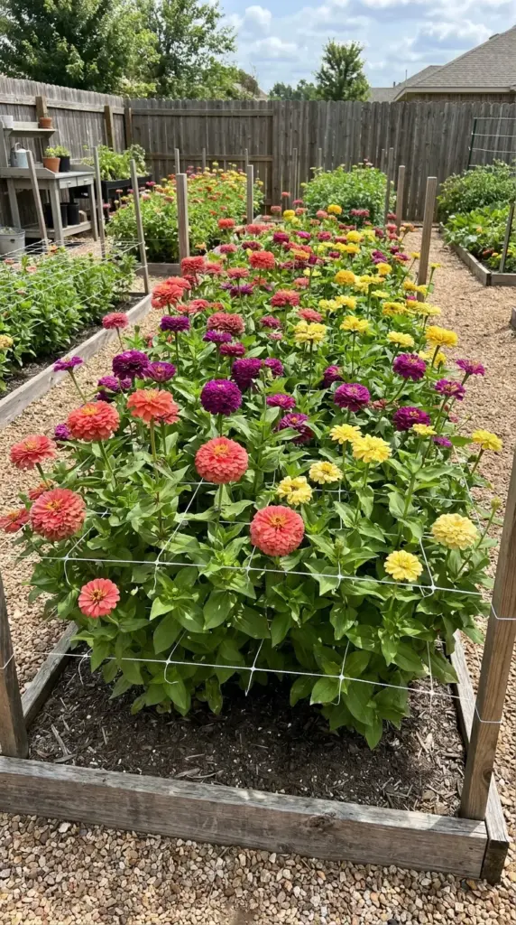 Horizontal Hortonova netting support grid woven through a high density zinnia flower bed.