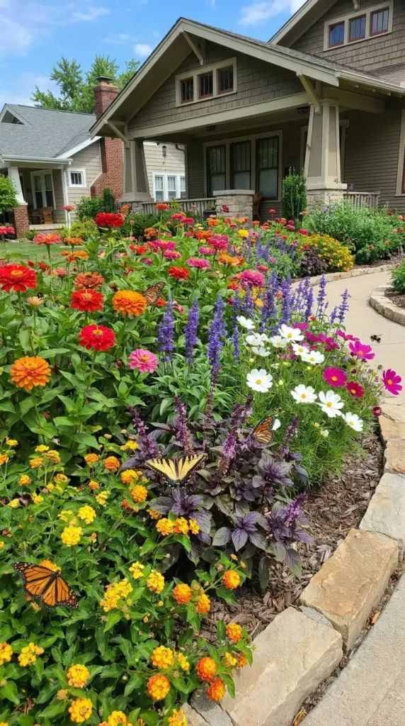 Pollinator-friendly zinnia flower bed with bees, butterflies, and front-yard landscaping appeal