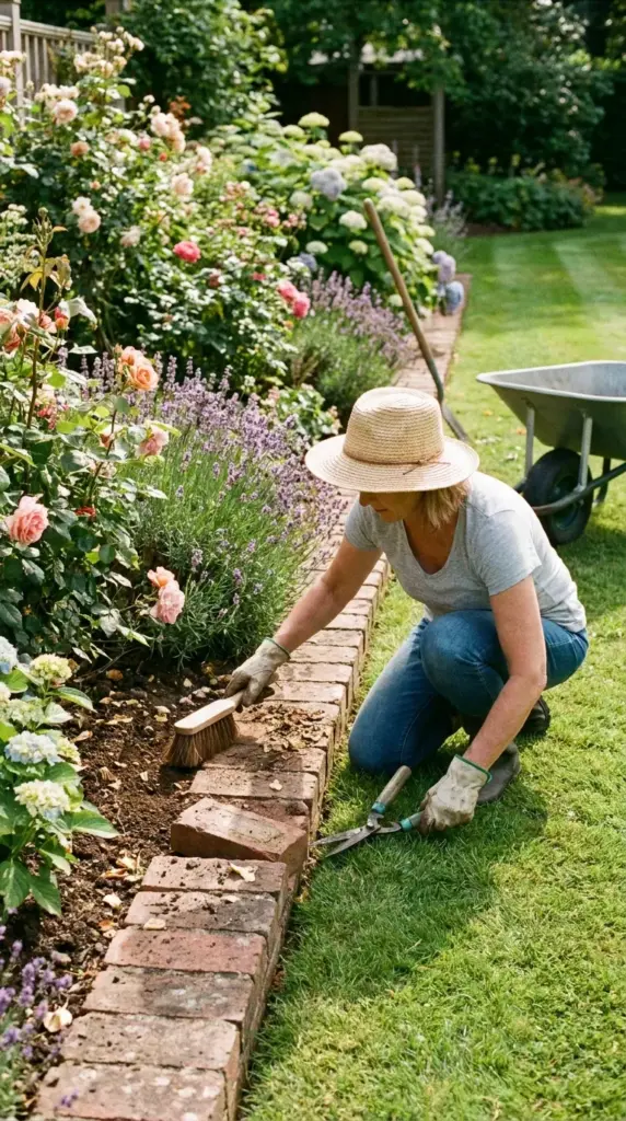 Maintaining deep-set brick lawn edging with seasonal care, joint repair, and crisp grass lines
