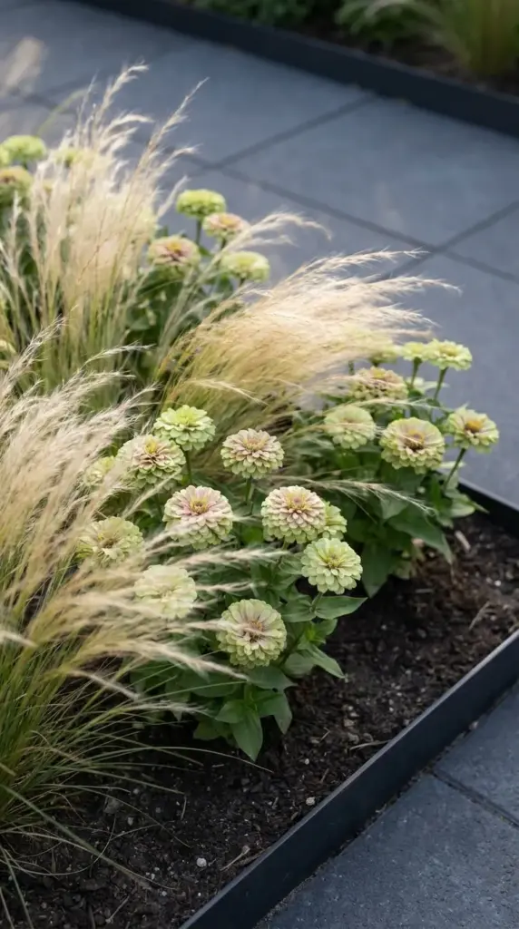 Pale green Queeny Lime zinnias mixed with wispy ornamental grasses for textural landscape design.