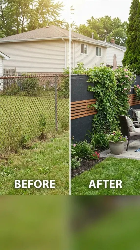 chain link privacy cover with mesh, slats, and vines for a low-cost backyard fence upgrade
