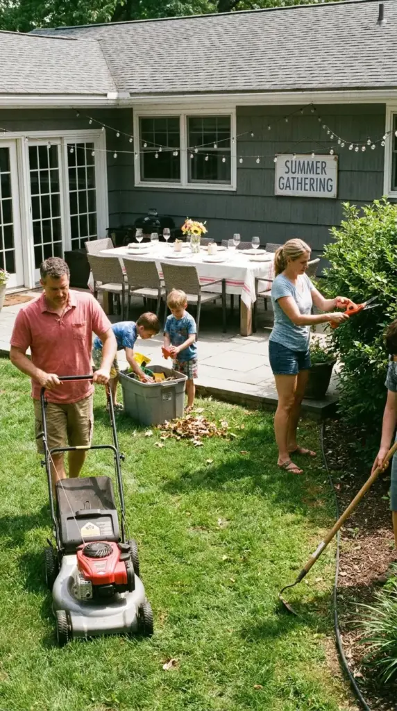 Day-before yard prep for mosquito prevention with mowing, trimming, and patio cleanup