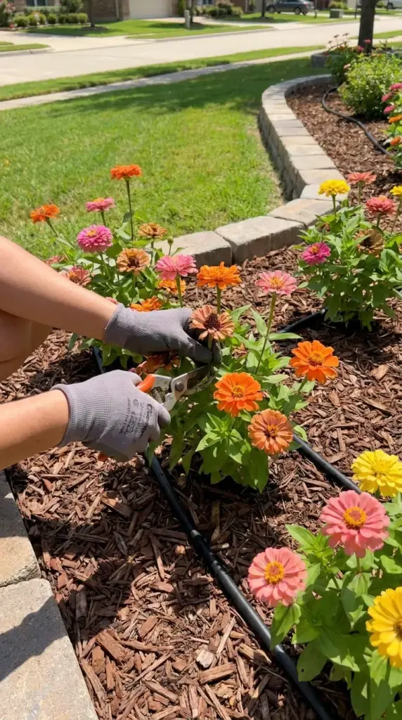 Zinnia bed maintenance with deadheading, mulch, spacing, and irrigation for blooms from June to frost