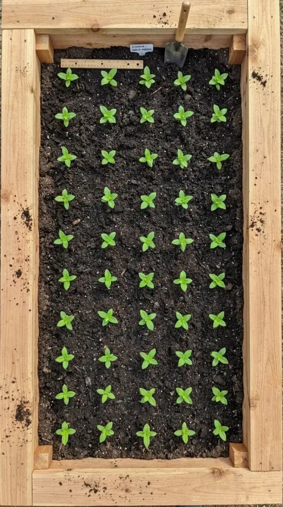 A perfectly measured grid of zinnia seedlings planted in rich compost for a cut flower garden.