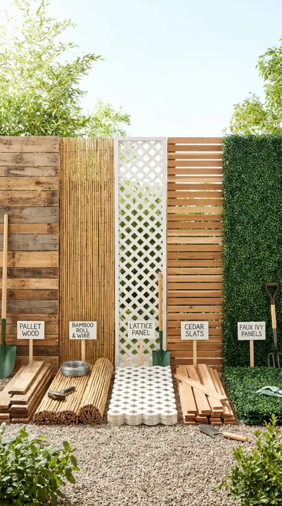 comparing cheap privacy fence ideas including pallet, bamboo, lattice, and slat screens for backyard spaces