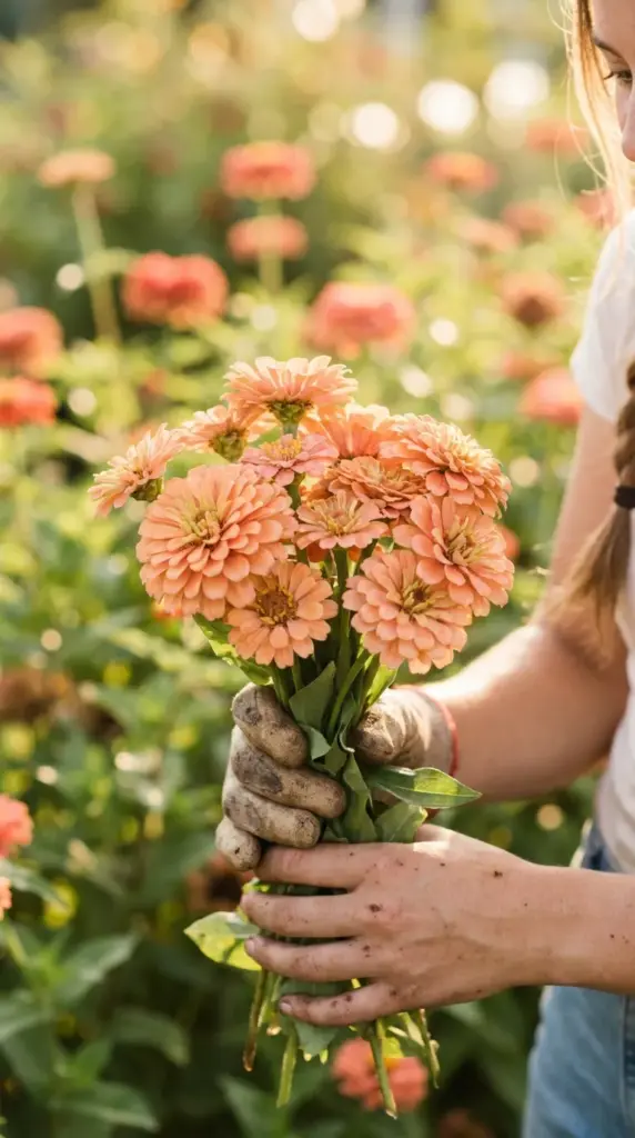 Woman holding a beautiful monochromatic zinnia floral arrangement harvested from her home garden.
