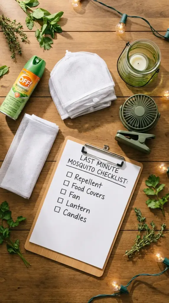 Last-minute mosquito checklist with repellent, fan, food covers, and outdoor party essentials