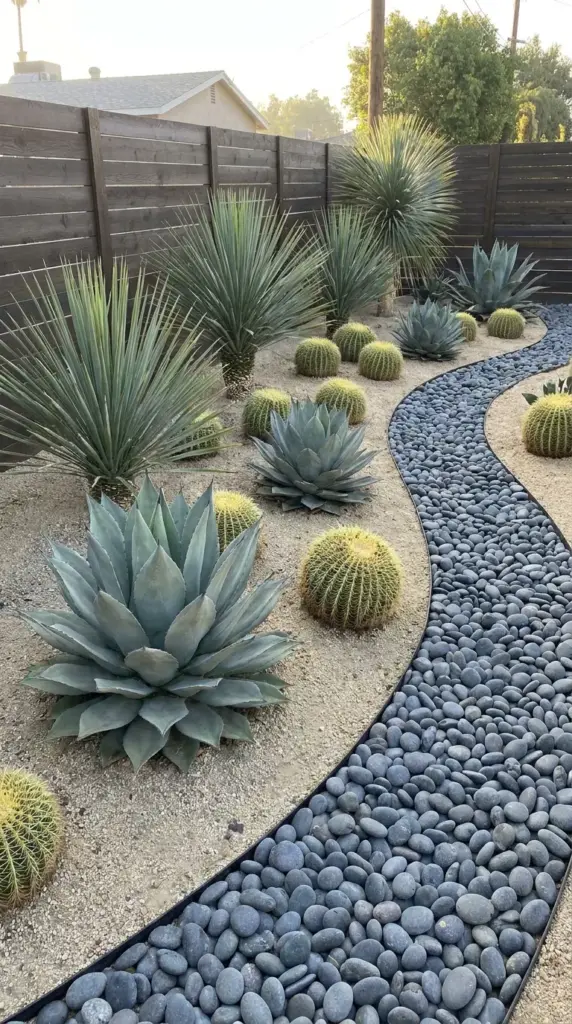 Modern desert oasis front yard landscaping with gravel path barrel cactus and agaves.