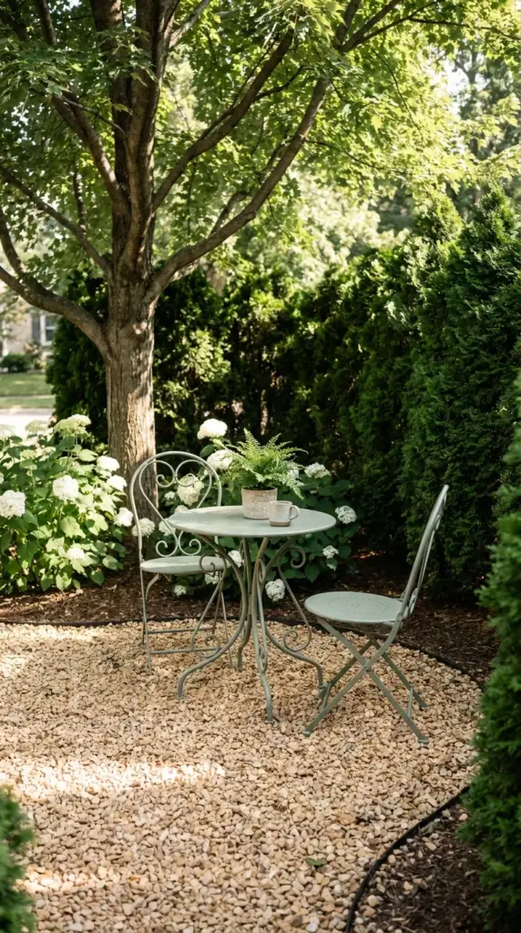 A cozy front yard accent seating area featuring a classic metal bistro set surrounded by plants.