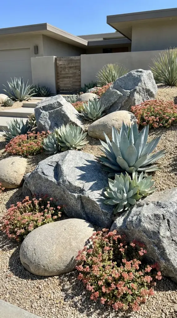 Modern rock garden featuring large granite boulders and structural succulent landscaping on a front hill.