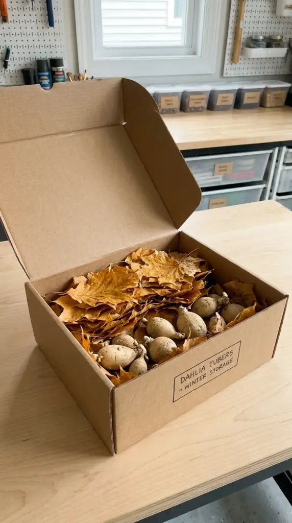Dahlia tubers packed for winter storage inside an upcycled cardboard box filled with dry autumn leaves.