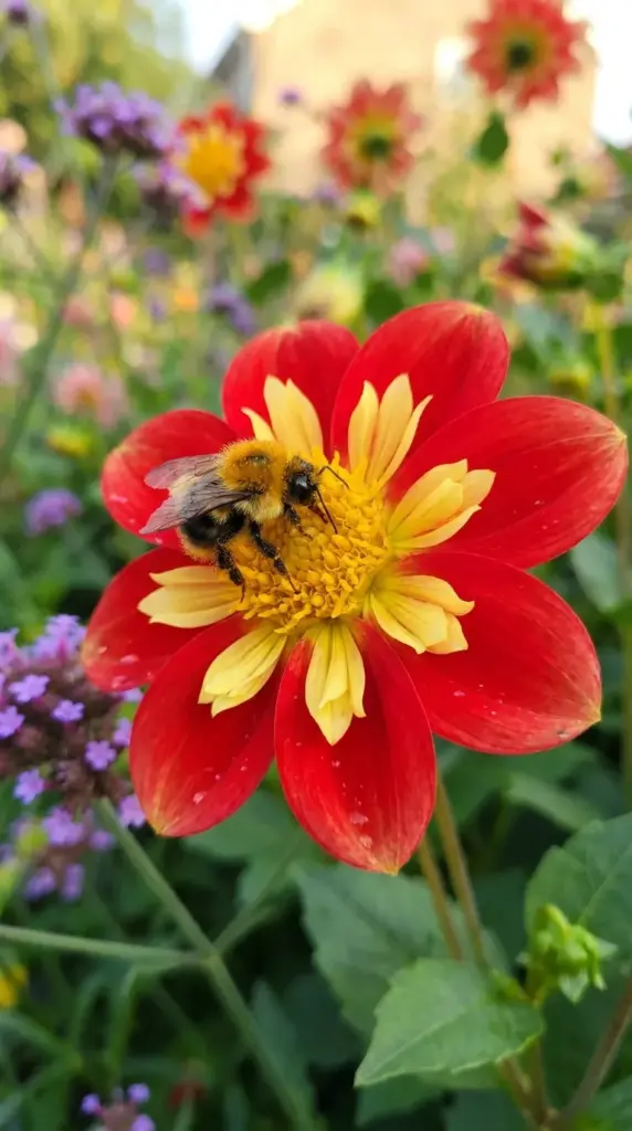 Close-up of several 'Pooh' collarette dahlias in a garden setting, showing distinct scarlet-red outer petals and smaller yellow inner 'collars' surrounding a yellow center with a bumblebee foraging.