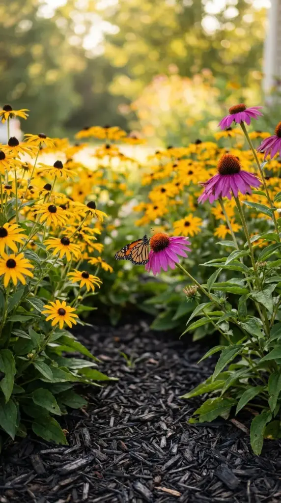Native perennial wildflower garden with purple coneflowers and deep mulch replacing a grass lawn.
