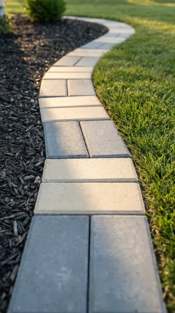 Modern concrete stone border edging cleanly separating a dark mulched garden bed from a green lawn.
